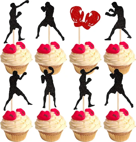 Vista 9 de Paquete de 24 adornos para magdalenas de lucha libre con purpurina para hombre, luchador de cumpleaños, selecciones de cupcakes, lucha libre