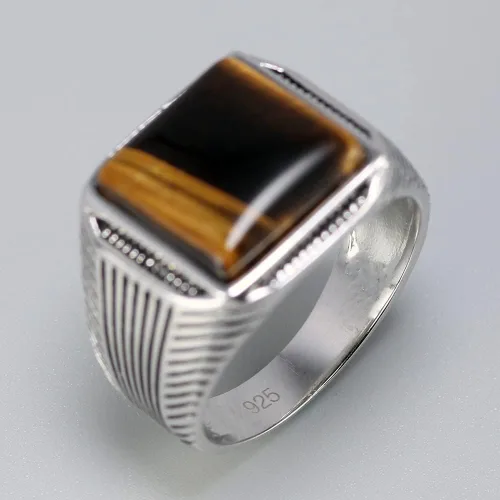 Vista 2 de Anillo de plata para hombre Piedra natural de ojos de tigre Anillo turco Anillo retro grabado geométrico por Fantasy World, Metal precioso, ojo