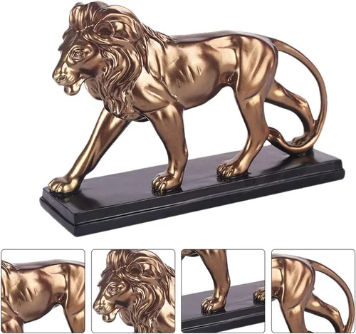Vista 4 de VOSAREA Estatua de león de oro, estatua de león de resina, adorno de escultura de gato salvaje africano, estatua de león chino Fengshui
