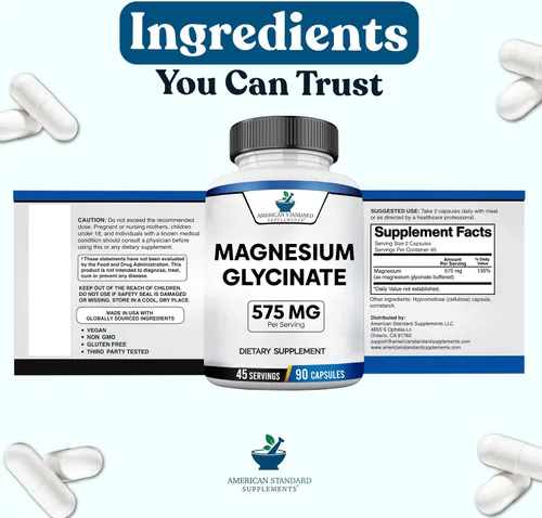 Vista 6 de American Standard Supplements Glicinato de magnesio 575 mg por porción, 90 cápsulas vegetales, suplemento de magnesio para la salud ósea y muscular