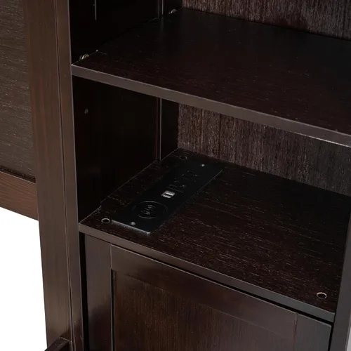 Vista 7 de Versátil cama de plataforma de madera tamaño Queen con armario y nido todo en uno, estante y enchufes, para niños, adolescentes y adultos, uso