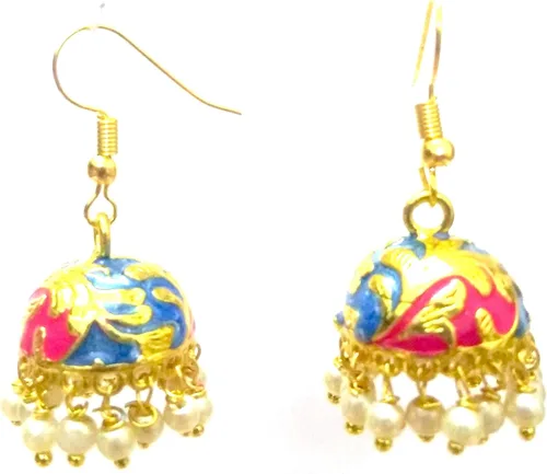 Vista 2 de DESI HAWKER Meenakari Minakari esmalte pintura oro hecho a mano pendiente Bali Jhumki Jhumka joyería india gota cuelga lámpara NI-245