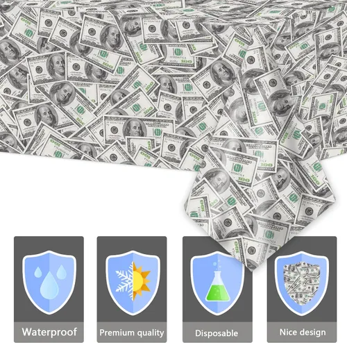 Vista 3 de 2 paquetes de manteles con temática de dinero para fiestas, con signos de dólar, símbolos de moneda, fundas de mesa para fiestas, suministros