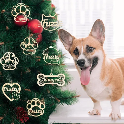 Vista 4 de Adorno personalizado de pata de perro y gato, adorno personalizado con nombre de mascota, adornos de madera personalizados para árbol de Navidad