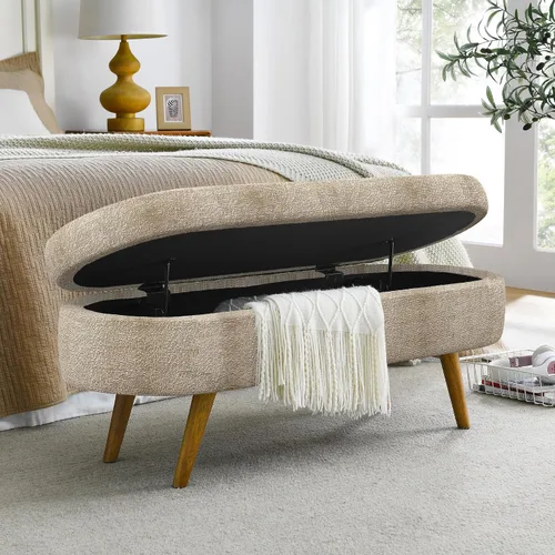 Vista 13 de 43.5” Storage Ottoman Bench，Upholstered Oval End of Bed Bench for Bedroom Beige