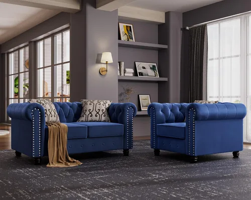 Vista 19 de Morden Fort - Juego de sillas y sofá Chesterfield clásico, con reposabrazos acolchados y patas de madera maciza, sofá cama para mascotas, cómodo