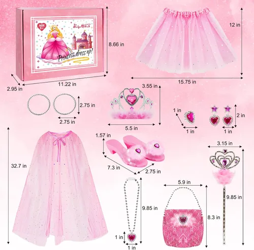Vista 6 de BeiyoQSZ Juego de 3 pares de zapatos de princesa para niños pequeños con capa de princesa falda tutú corona varita collares bolsos zapatos de juego