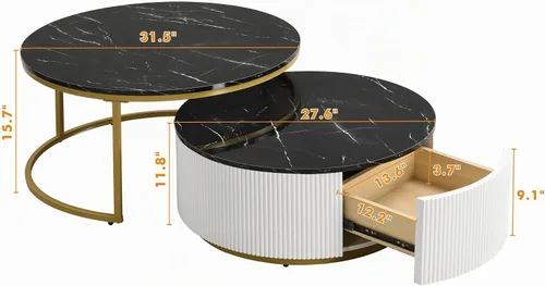 Vista 2 de Moderna mesa de centro redonda anidable acanalada con cajón en negro y dorado en 31.5 pulgadas