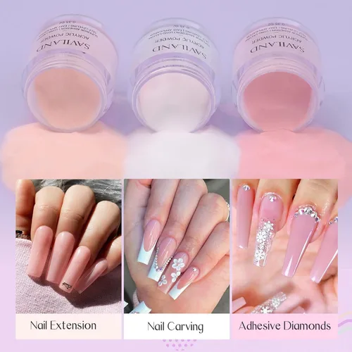 Vista 3 de Saviland Kit de iniciación de uñas acrílicas: polvo y líquido acrílico rosa claro nude, cepillo, limas, formularios, uñas a presión, juego