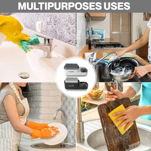Vista 8 de Dispensador de jabón para platos para fregadero de cocina 2 en 1 con soporte para esponja. Dispensador de jabón líquido y esponja incluidos.