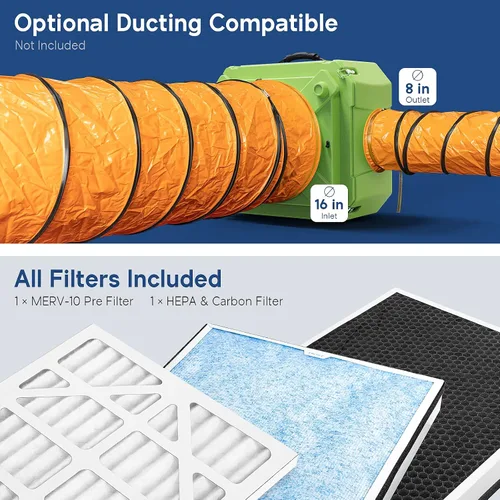 Vista 8 de ALORAIR Depurador de aire con filtración de 3 etapas, máquina de aire negativo apilable para uso industrial y comercial, filtro de aire resistente