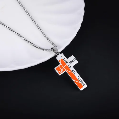 Vista 3 de Susook Basketball Cross Necklace for Boys Bible Verse I CAN DO All Things Stainless Steel Sport Pendant for Men