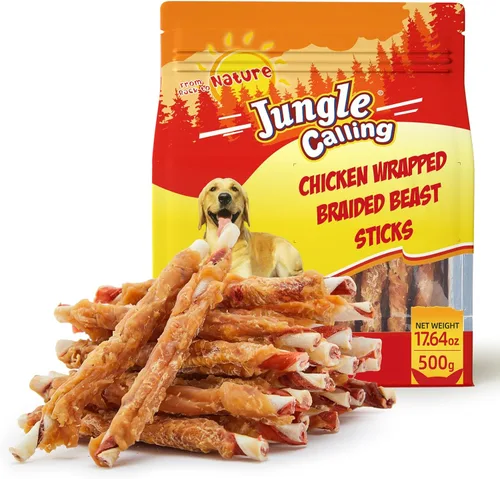 Vista 10 de Jungle Calling Golosinas para perros, palitos masticables de cuero crudo envueltos en pollo, masticables dentales altos en proteínas y bajos