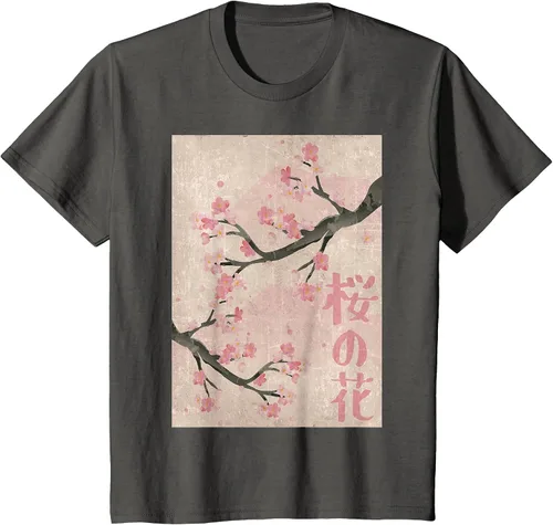 Vista 15 de Cherry Blossom Japanese Vintage Woodblock Japan Pink Sakura T-Shirt Asphalt Grey