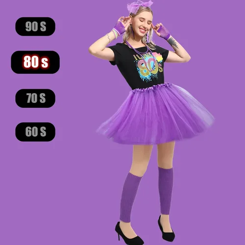 Vista 2 de Sincere Party Women's 80s Costume Set Cotton T-Shirt,Pants,Tutus,Leg Warmers,Gloves,Necklace,Bracelets,Headband,Earrings