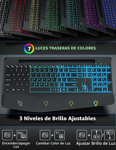 Vista 2 de Teclado y Mouse Inalámbricos con Retroiluminación, Reposamuñecas, Mouse LED, Teclado Ergonómico Recargable con Soporte para Teléfono, Combo
