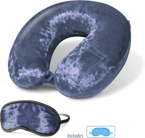 Vista 5 de Cloudz Luxe Crushed Velvet Ultra Premium Comforlite Almohada de cuello de viaje en avión con máscara de dormir lujosamente suave a juego, azul acero