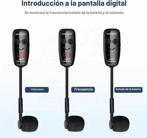 Vista 5 de Micrófono inalámbrico para saxofón, micrófonos UHF para saxofón, micrófono con clip de carga y pantalla digital, para trompeta, tuba, trombón Negro1