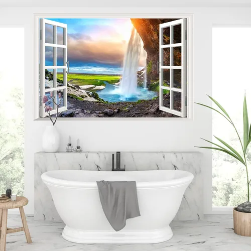 Vista 3 de Calcomanías de pared falsas 3D de cascada de bosque, mural de montaña natural, calcomanías de pared para sala de estar, dormitorio, comedor