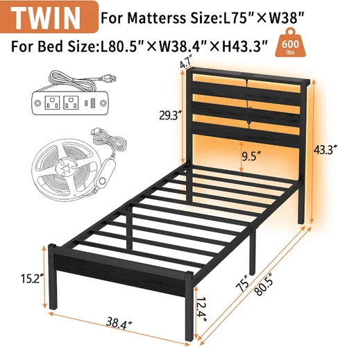 Vista 2 de CLIBFENG Base de cama tamaño individual con estación de carga USB, marco de cama LED con cabecera de almacenamiento de madera, cama de plataforma