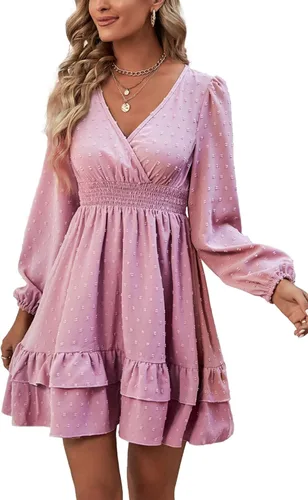 Vista 6 de Rooscier Vestido corto de manga larga con cuello en V y volantes para mujer