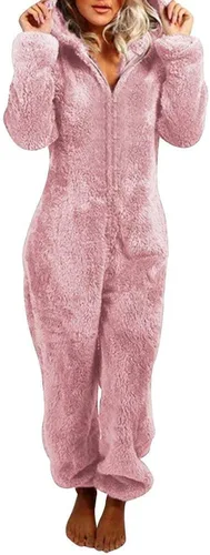 Vista 17 de Pijama de forro polar para mujer, mameluco cálido de sherpa, ropa de dormir de una pieza con cremallera y capucha