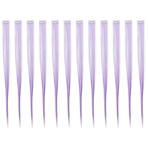 Vista 12 de SWACC 12 extensiones de cabello lacio de un color con clip, para mujer, extensiones de cabello sintético con rayas de color (rubio beige)