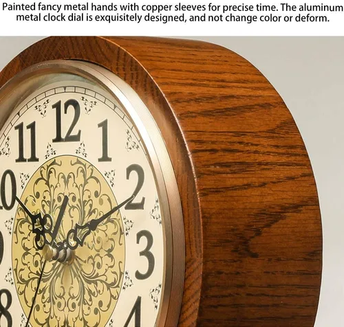 Vista 3 de FBITE - Reloj de mesa antiguo de madera de roble, reloj de estante decorativo con pilas, reloj de mesa de vidrio HD, fácil de leer