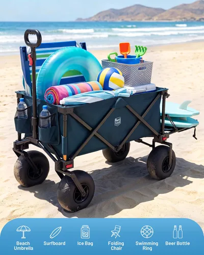 Vista 6 de TIMBER RIDGE Beach Wagon with Balloon Wheels& All-Terrain Wheels, Tailgate 300 lbs Heavy Duty Foldable Wagon for Sand Camping Sports，47" L Beach