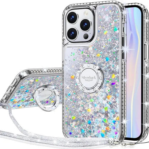 Vista 9 de Silverback - Funda para iPhone 13 Pro con soporte de anillo, color dorado transparente Moving Liquid Holographic Sparkle Glitter, Kickstand, Bling