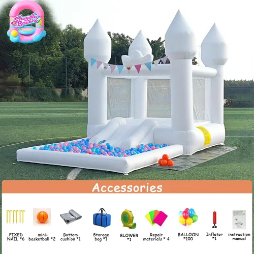 Vista 9 de Casa inflable saltarina blanca de 12.5 pies x 7.1 pies con tobogán y piscina de pelotas, juguetes para interiores y exteriores para niños activos