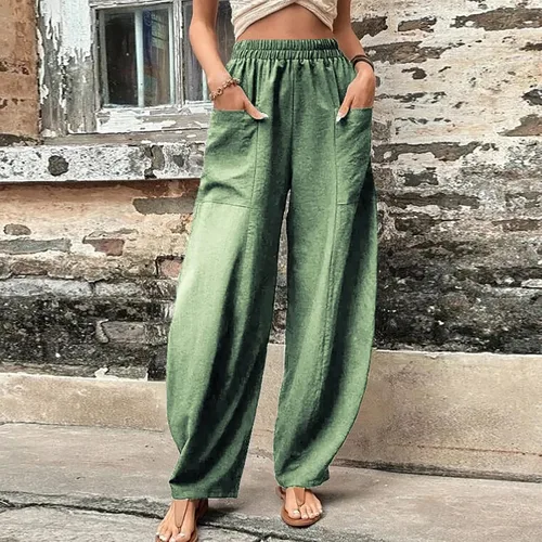 Vista 2 de YMADREIG Pantalones harén para mujer, de cintura alta, holgados, ligeros, cónicos, de lino, bohemios, de pierna ancha, pantalones capri con bolsillos