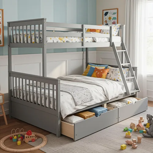 Vista 13 de Merax Litera de madera con dos cajones, litera de madera convertible con escaleras y dos cajones de almacenamiento, marco de cama desmontable