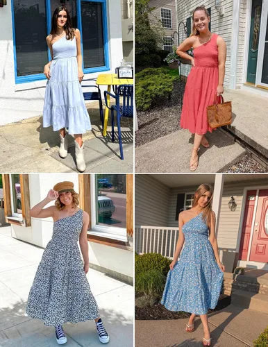 Vista 9 de ZESICA - Vestido largo de verano bohemio con estampado floral de un hombro sin mangas fruncido con volantes y volantes para la playa