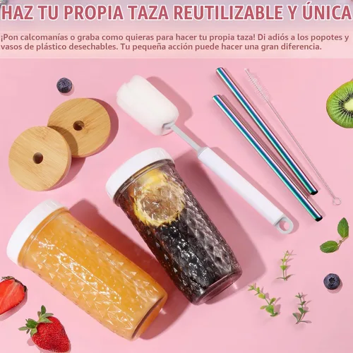 Vista 6 de Juego de 2 vasos de vidrio - Vasos para beber tipo Mason Jar de 24 oz con tapas de bambú y pajitas y 2 tapas herméticas, lindo vaso reutilizable