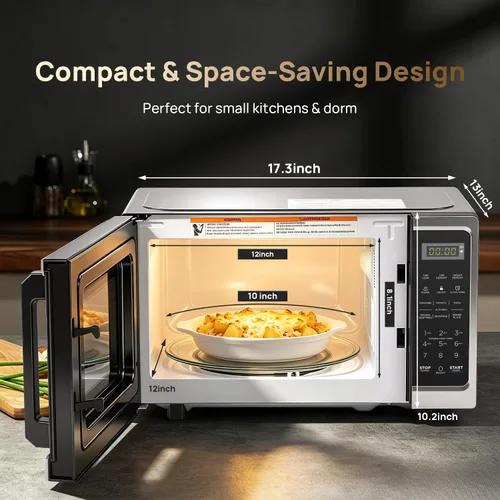 Vista 2 de Hornos microondas de encimera de 0.7 pies cúbicos, horno microondas de 700 vatios con iluminación LED, plato giratorio y bloqueo para niños