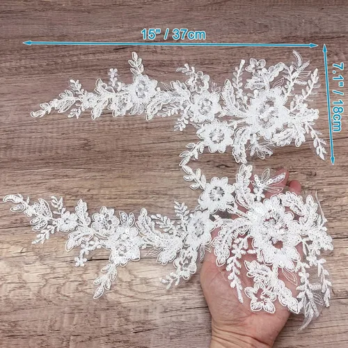 Vista 6 de 1 par de apliques de encaje con bordado de flores de lentejuelas, parches para coser para boda, vestido de novia, vestido de fiesta, ropa, corpiño