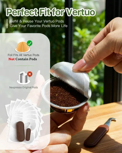Vista 2 de Grasseed Abridor de tapas reutilizables para cápsulas Nespresso VertuoLine con 100 sellos de papel de aluminio para limpiar y rellenar cápsulas