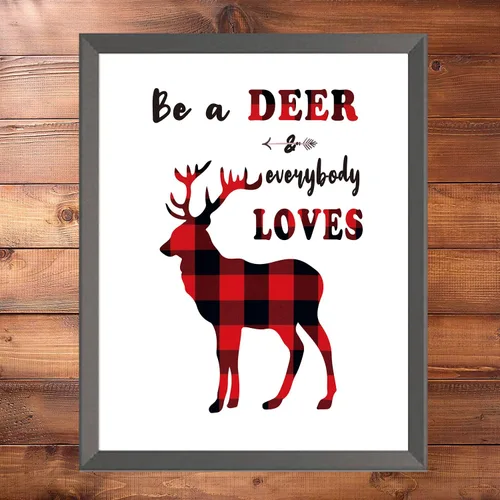 Vista 2 de TANXM 4 piezas de arte de pared de bosque a cuadros rojos y negros, impresiones de citas de aventuras salvajes con ciervo, oso lobo, decoración