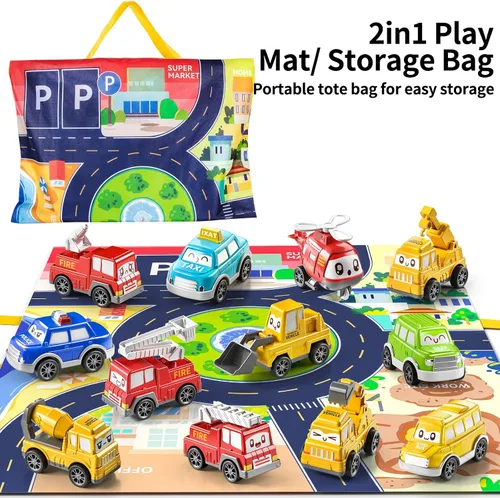 Vista 8 de TEMI - Juguetes de coches tirados para niños pequeños de 1, 2, 3 años para niños y niñas, 12 piezas de juguetes de coches para bebés con alfombrilla