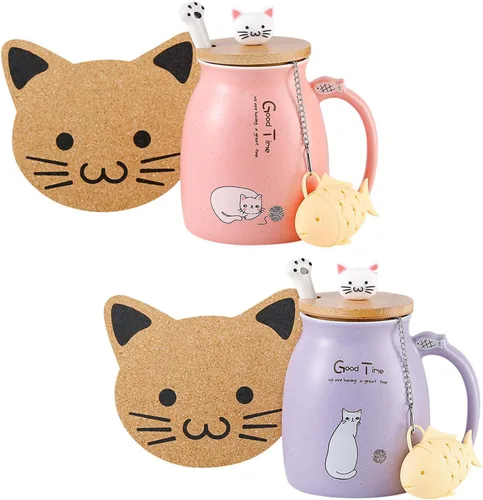 Vista 13 de BigNoseDeer Lindas tazas Kawaii de gato, taza de café de cerámica con infusor y tapa, cuchara, taza de té, regalos lindos y geniales para mujeres
