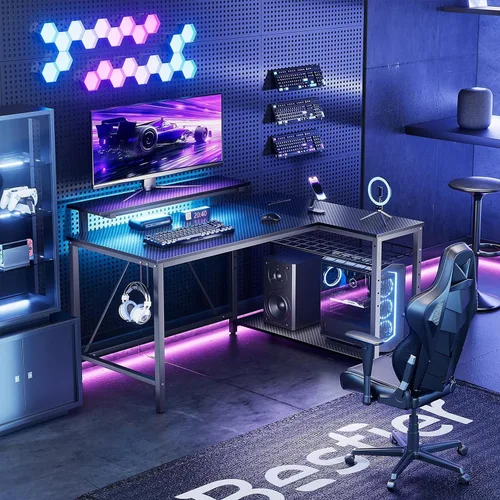 Vista 2 de Bestier - Escritorio de juegos con tomas de corriente, escritorio para computadora de 42 pulgadas en forma de L con luces LED, escritorio