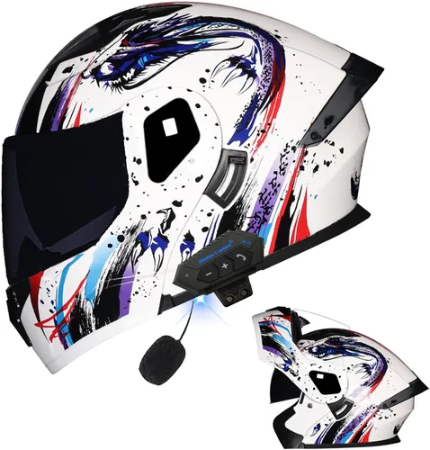 Vista 48 de Casco modular Bluetooth para motocicleta, aprobado por DOT, de cara completa, abatible, antivaho, doble visera, casco de motocicleta de calle, LENTE