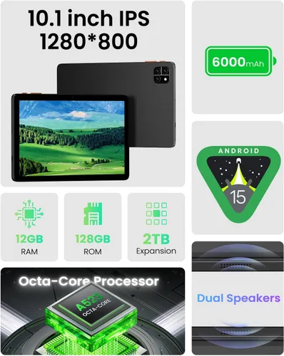 Vista 4 de Tableta: Tablet de 10 pulgadas, tabletas Android 15, 12 GB de RAM 128 GB ROM, procesador Octa-core, pantalla IPS HD, Widevine L1, WiFi 6 y Bluetooth
