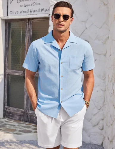 Vista 3 de COOFANDY Camisa casual de lino de algodón para hombre, de manga corta, con botones, para verano y playa