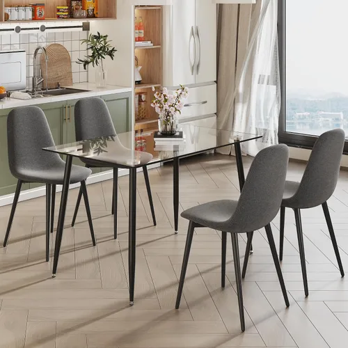 Vista 9 de Juego de mesa de comedor para 4, 5 piezas, juego de mesa de comedor de terciopelo moderno, mesa rectangular de vidrio templado para cocina, bar