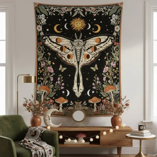 Vista 5 de Aipon Tapiz bohemio de polilla vintage con flores florales, tapices estéticos retro de hongos para dormitorio, sol y luna, tapiz pequeño para colgar