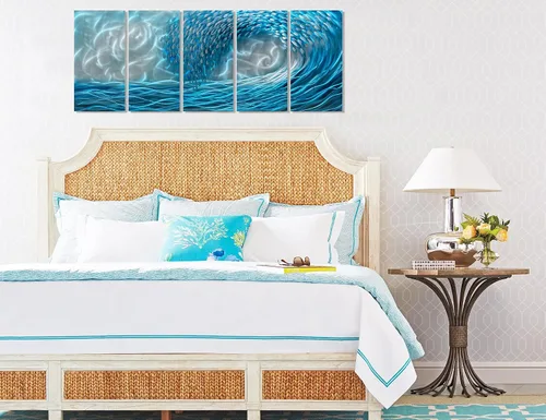 Vista 4 de BATRENDY ARTS Arte de pared de metal con ondas azules, escultura colgante en 3D, pintura de aluminio pulido a mano para sala de estar, dormitorio