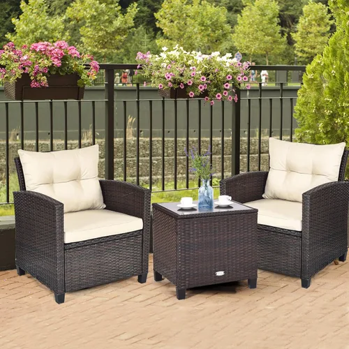 Vista 15 de Moderno juego de muebles de mimbre beige de 3 piezas para patio con cojines resistentes al agua y mesa de vidrio templado