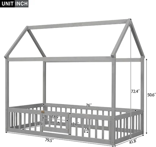 Vista 2 de Cama de casa individual para niños con barandillas de valla, marco de cama Montessori de madera tamaño individual con puerta pequeña para niños